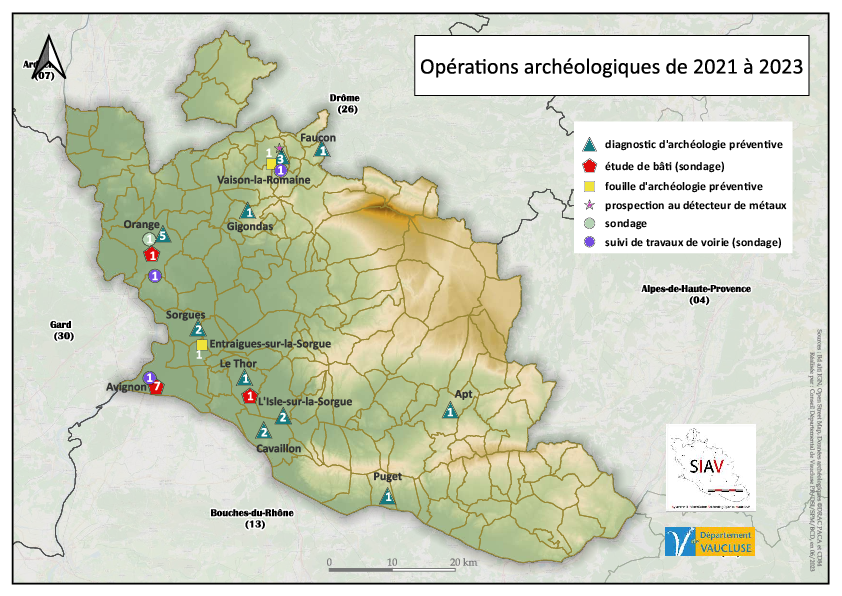 Carte "Opérations archéologiques dans le Vaucluse- 2021 à 2023" - Agrandir l'image, .PDF 2 Mo (fenêtre modale)