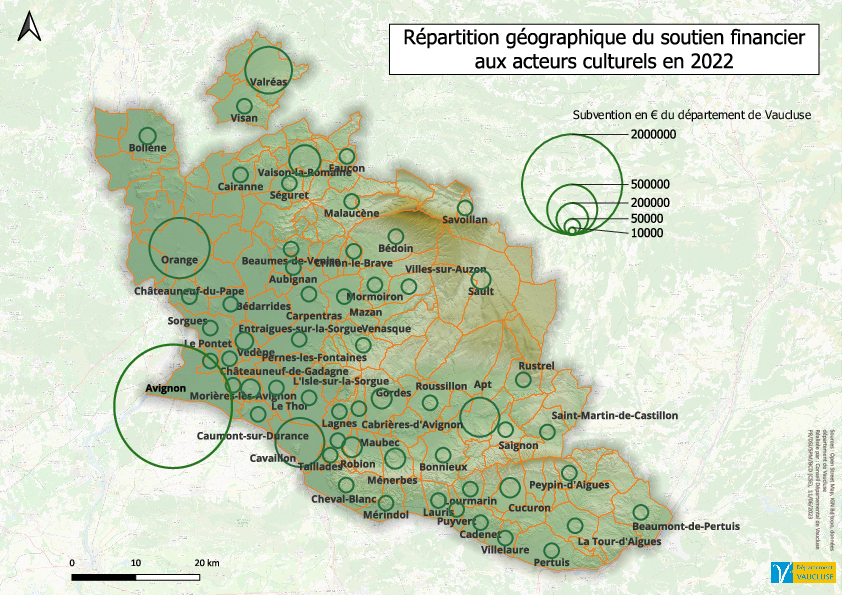 Carte "Répartition géographique du soutien financier aux acteurs culturels du Vaucluse en 2022" - Agrandir l'image, .PDF 7 Mo (fenêtre modale)