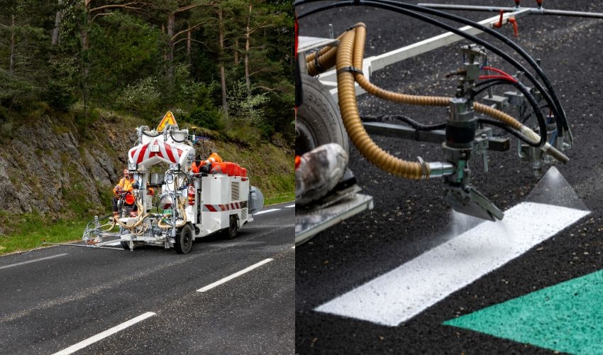 Un engin pour peindre la route en activité - Agrandir l'image (fenêtre modale)