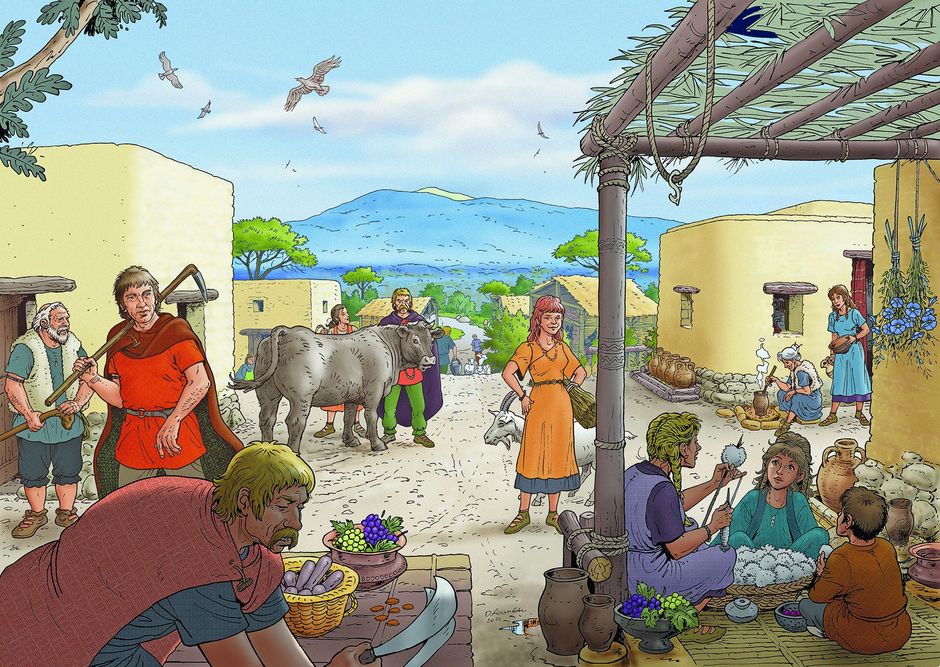 Scène de vie sur le site du Mourre de Sève. Illustration : Dominique Rousseau - Agrandir l'image, .JPG 772 Ko (fenêtre modale)