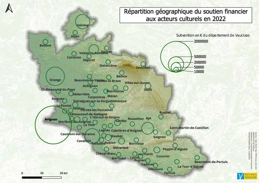 Carte 'Répartition géographique du soutien financier aux acteurs culturels du Vaucluse en 2022' - Agrandir l'image (fenêtre modale)